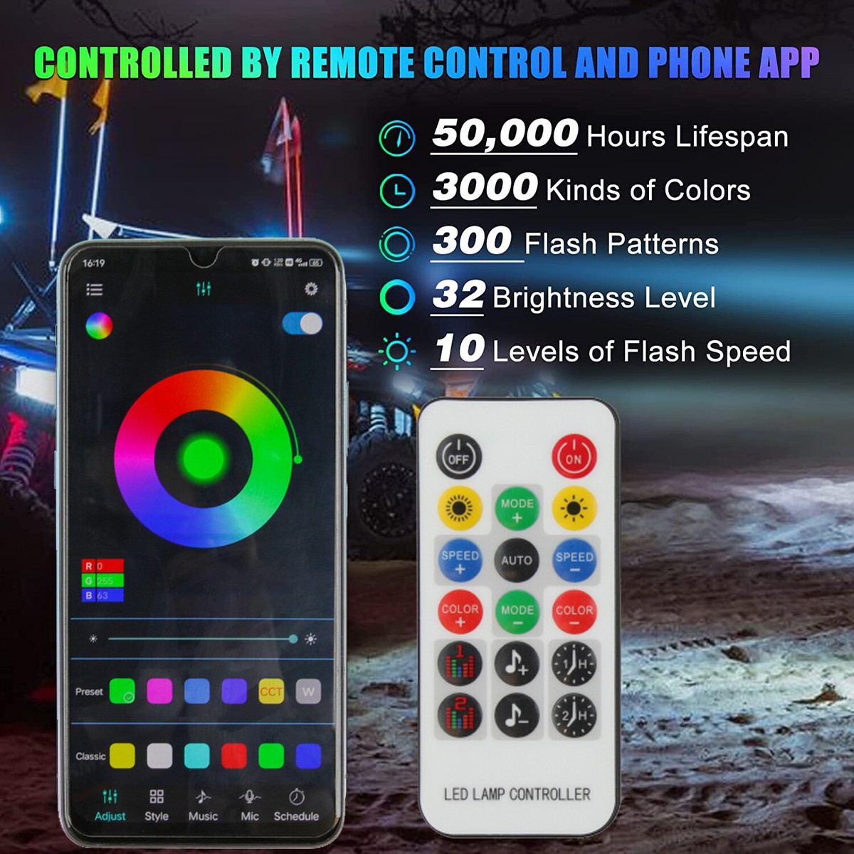 For Yamaha Wolverine Rmax UTV 2x 4ft RGB Spiral LED Whip Lights