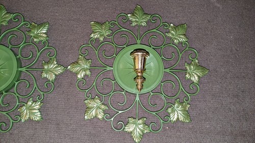 Juego de 2 apliques de pared MCM vintage 1959 plástico crema con hojas doradas Evanston, IL - Imagen 2 de 6
