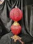 Antique 1895 - 1905 Pittsburgh RED SATIN Glass Elec Lamp - BEADED DRAPE GWTW