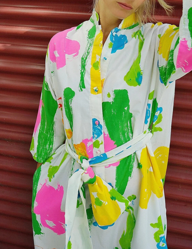 Vintage Catherine Ogust auffälliges abstraktes Baumwollkleid mit Gürtel Forever One Size JAPAN - Bild 2 von 9