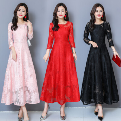 Lady 3/4 Sleeve Embroidery Floral Lace Long Dress Elegant Formal
