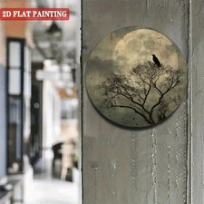 Gothic Moonlit Night Sky Metal Wall Art - Round Aluminum Plaque with Crow Design