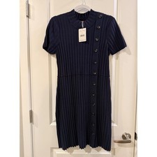 Free People Navy Blue Ribbed Knit Mock Neck Button Mini Dress OB857058 Large NEW