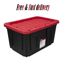 Hyper Tough 12 Gallon Snap Lid Stackable Plastic Storage Bin, Black/Red