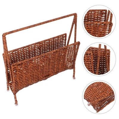 Rattan Magazine Holder Books Organizer Case Farmhouse Standing Rack - Image 1 of 4