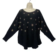 Adrienne Vittadini Sweater 1X Black Star Studded Rhinestone New Years Patriotic