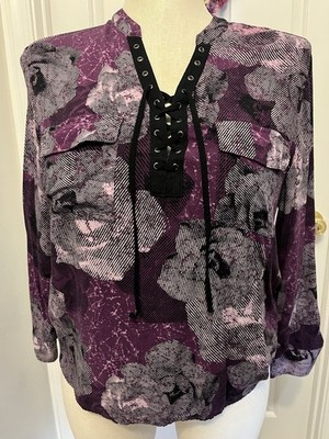 Rock & Republic Womens Size XL Purple/Black Lace Up Front Roll Tab Sleeve Blouse