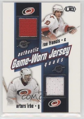 2002 Pacific Heads Up Game-Worn Jersey Quads Ron Francis Arturs Irbe #6 HOF 9u7