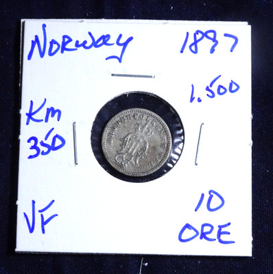 NORWAY 1897 ''10 ORE/3 SKILLING''  VERY FINE U-GRADE) .400 SILVER CIRCULATED