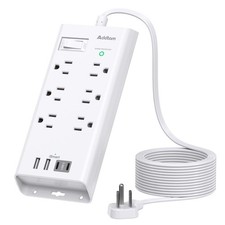 10ft Flat Plug Extension Cord, Surge Protector Power Strip With 6 Outlets and...