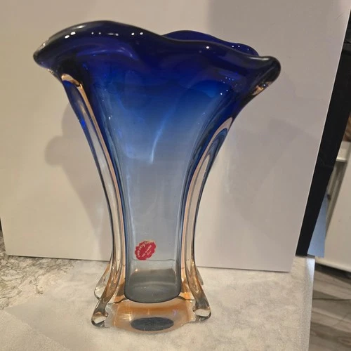 Murano Art Glass Vase Blue Amber Sommerso Made in Italy Venetian 12.5 Inch