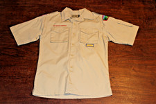 Boy Scouts of America BSA Youth Shirt Tan Large Sewn Patches Short Sleeve