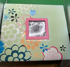 12X12 SCRAPBOOK ALBUM, MISC PAGES, GREEN with FLOWERS and pink frame- preowned