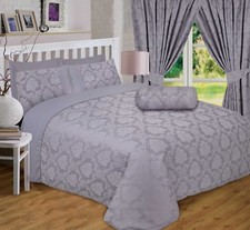 REGENCY GREY SILVER JACQUARD BEDDING OR CURTAINS ETHNIC DAMASK FLORAL LEAVES