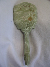 13.5" Light Green Marbled Celluloid Handheld Mirror Gold Flower Vine