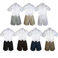 4pc Boy Toddler Formal WHITE Vest Necktie Khaki White Black Shorts