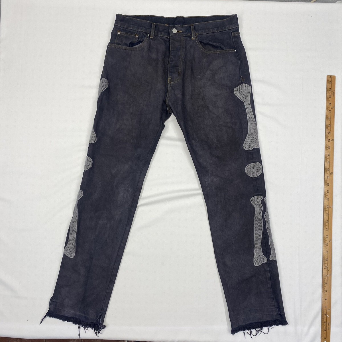 パンツ mnml skeleton straight denim pants 34 MNML 34x30 Skeleton Jean Black Stretch Denim Embroidered