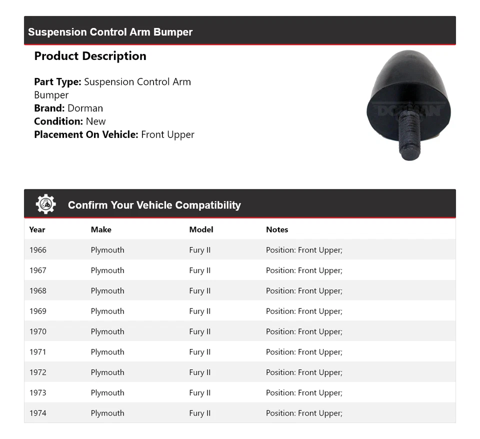 For 1966-1974 Plymouth Fury II Dorman Suspension Control Arm Bumper Front Upper - Image 2 of 4