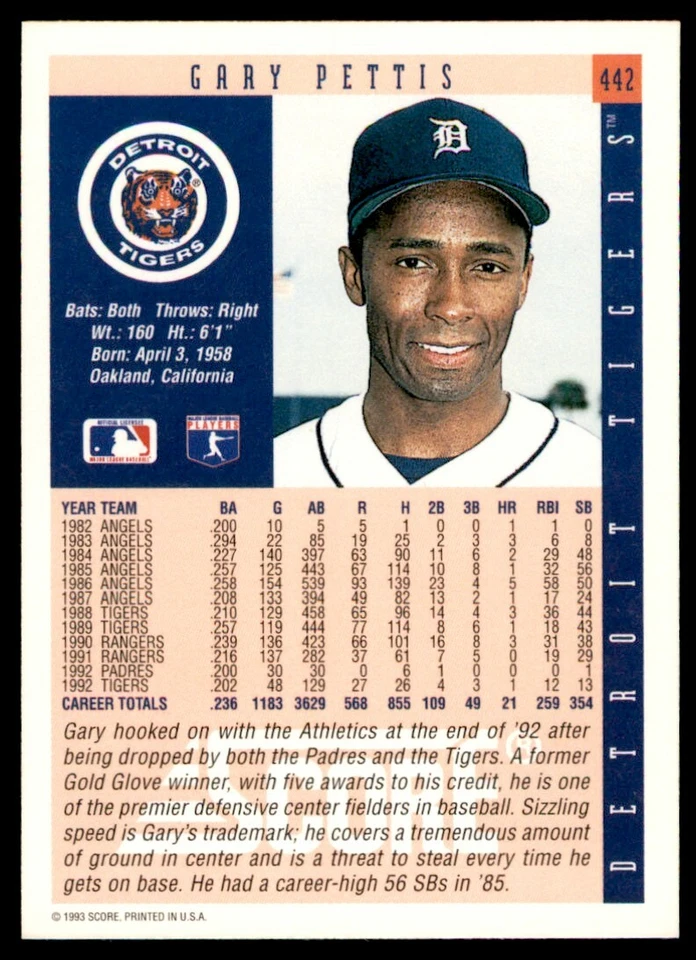 1993 Score Gary Pettis Detroit Tigers #442 - Image 2 of 2