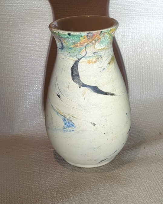 Nemadji Pottery Vintage Vase Blue Black White Swirl Design USA 7 3