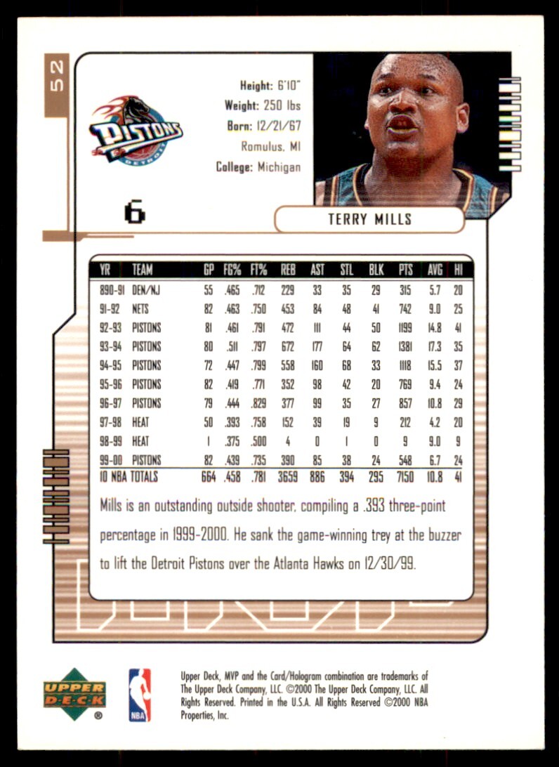 200001 Upper Deck MVP Terry Mills Detroit Pistons 52 eBay