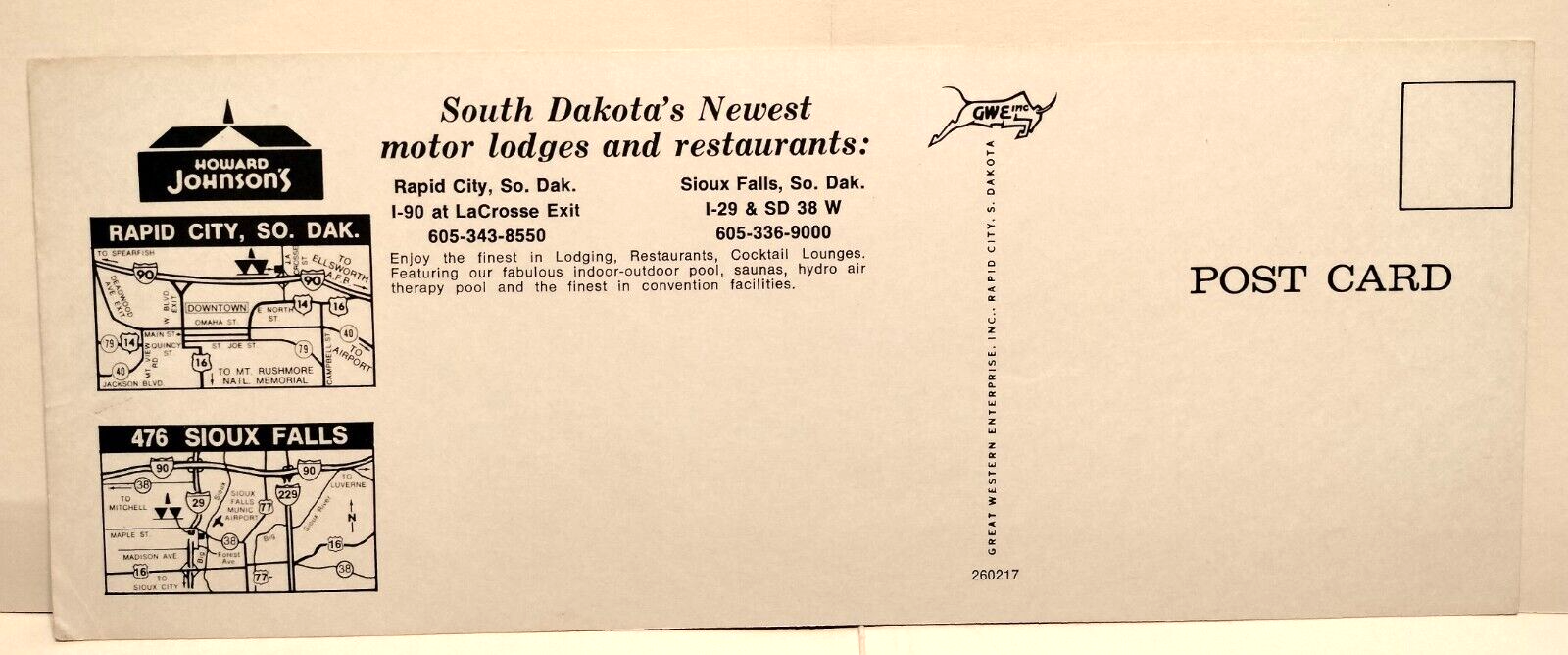 HOWARD JOHNSON's MOTOR LODGE Rapid City & Sioux Falls So. Dakota