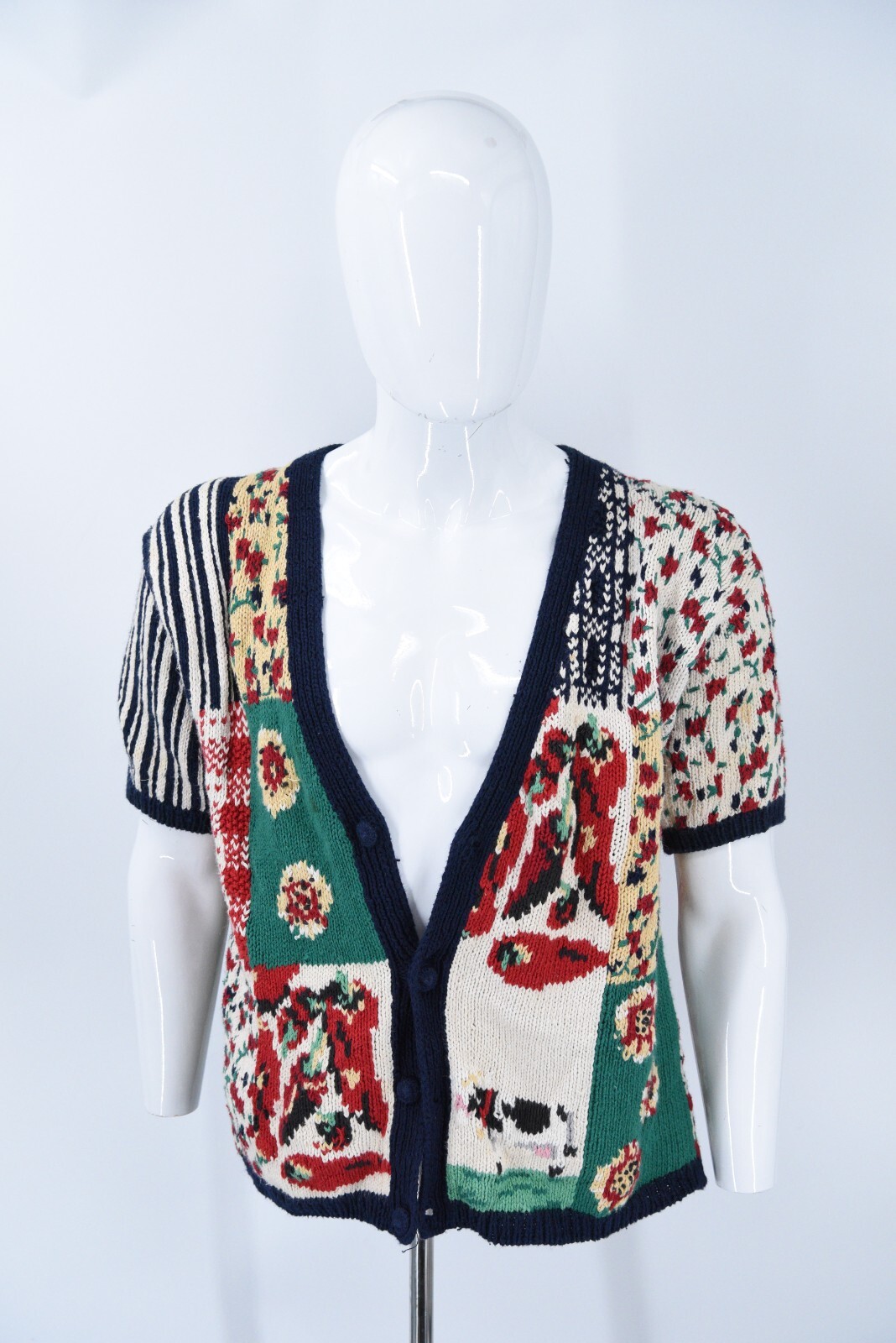 Vintage Eagles Eye Hand Knit Patchwork Short Slee… - image 1