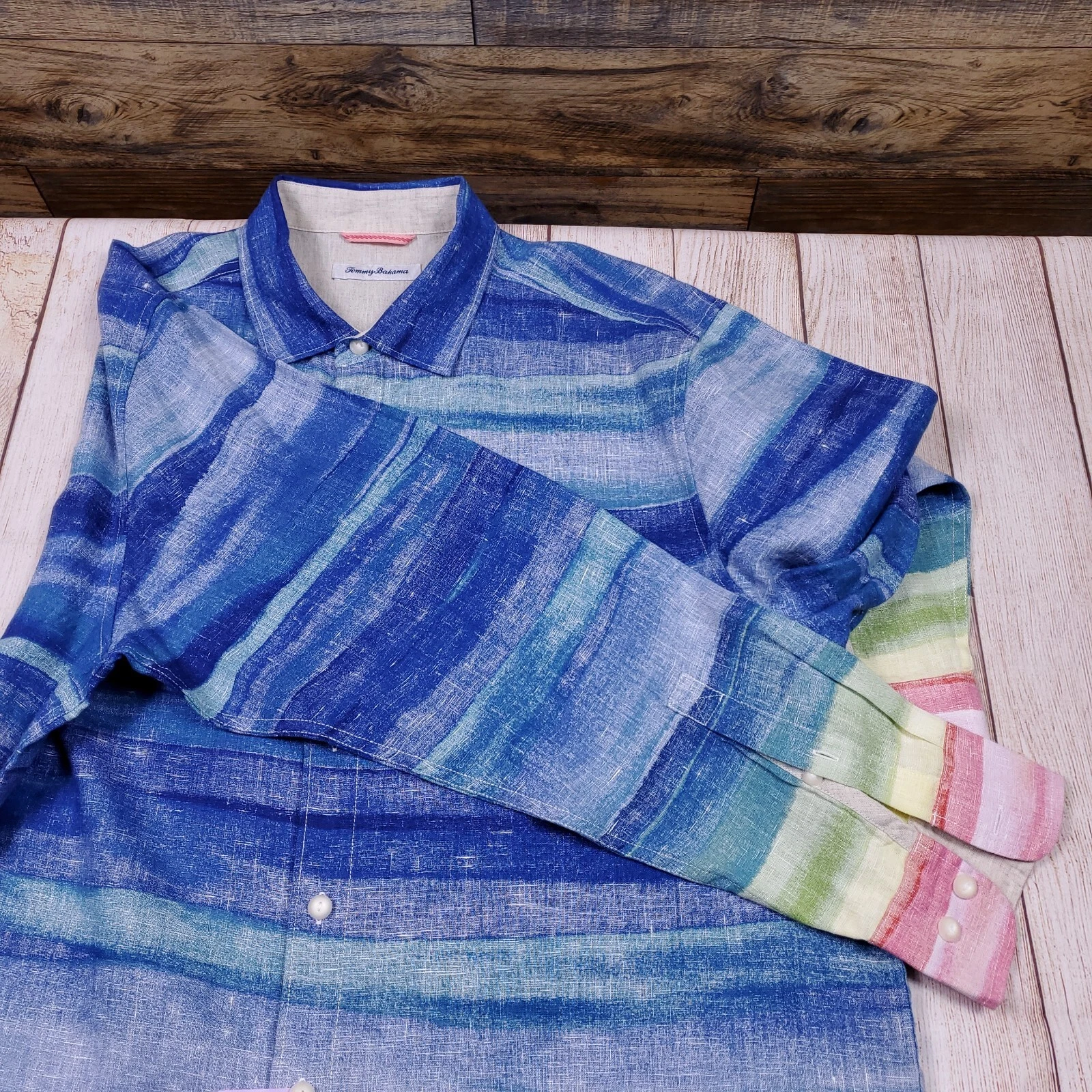 TOMMY BAHAMA Mens Sz L 100% Linen Multicolor Long-Sleeve Button-Up Shirt