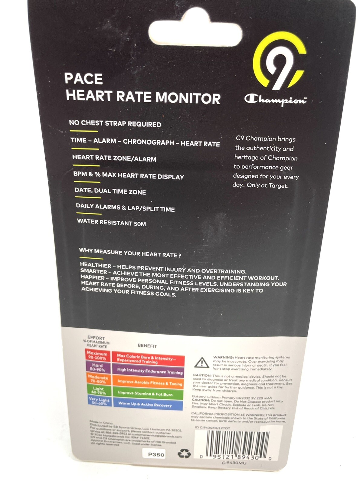 C9 Champion PACE Heart Rate Monitor Wrist Band Alarm Watch New In Box