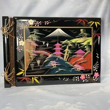 Vtg 1960  s Black Lacquer Photo Album Hand Painted Wood Made In Japan 15  x 10  