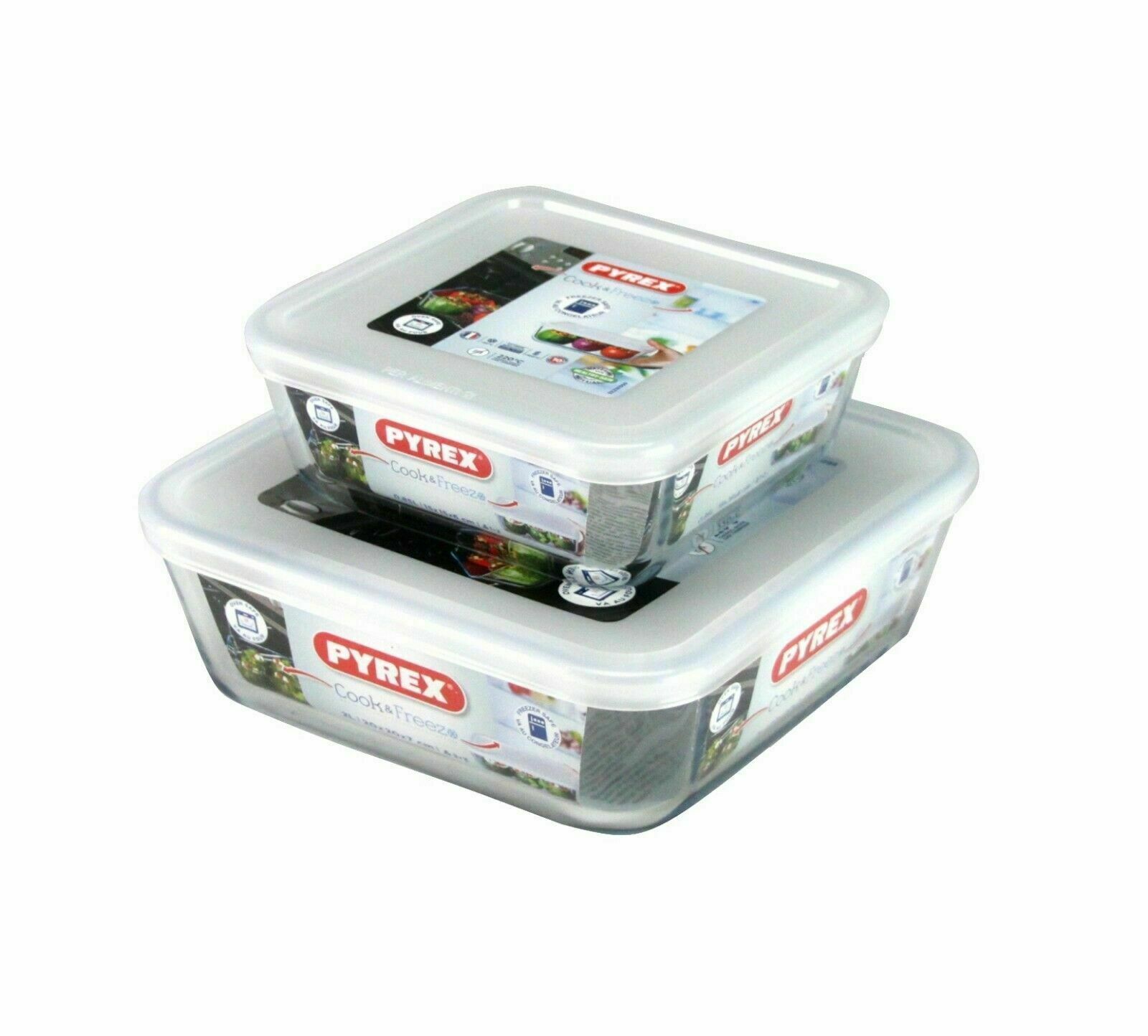 Pyrex 2 Piece Cook & Freeze Square Glass Dishes With Lids 0.85L/2L High Resistan