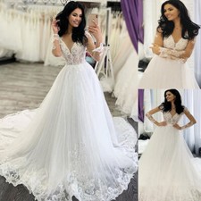 Elegant Long Sleeve Wedding Dresses Lace Appliques V Neck A Line Bridal Gowns