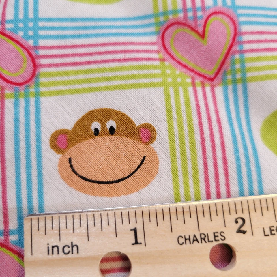 Monkey Frog Heart Fabric JoAnn 18x42" Cotton Pink Blue Green Plaid Quilt Sewing - Image 4 of 4