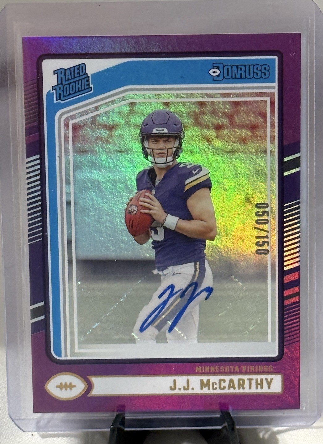 2024 Donruss Rated Rookie Purple 50/150 J.J. McCarthy Auto Vikings RC SP