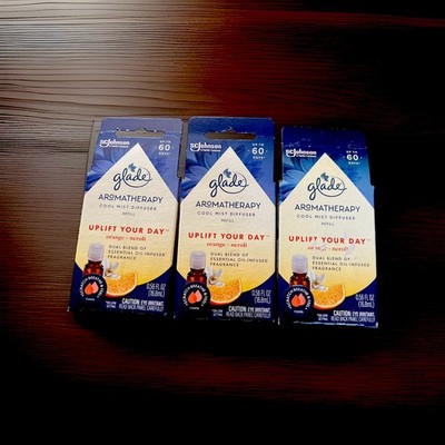 3 NEW GLADE AROMATHERAPY COOL MIST DIFUSER OIL PURE HAPPINESS ORANGE & NEROLOI