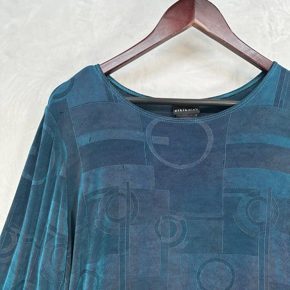 Top vintage Citiknits para mujer 1X túnica azul de gran tamaño elástico arte tejido ajustado Foto 2 de 4