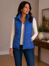 Joules Puffer Vest Sz 8 US Women Blue Quilted Padded Gilet Funnel Neck Full Zip
