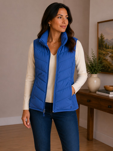 Joules Puffer Vest Sz 8 US Women Blue Quilted Padded Gilet Funnel Neck Full Zip