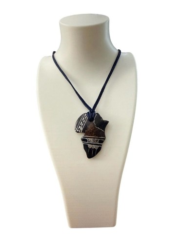 Vintage Hand Carved Africa Map Pendant Necklace 22" Corded 1.5" Tribal Boho