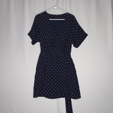 Ann Taylor Wrap Mini Dress Small Blue Diamond Polka-Dot Tie Short Sleeve Preppy