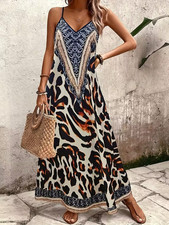 Womens Woven Leopard Print A-Line Maxi Dress with Spaghetti Straps Size L