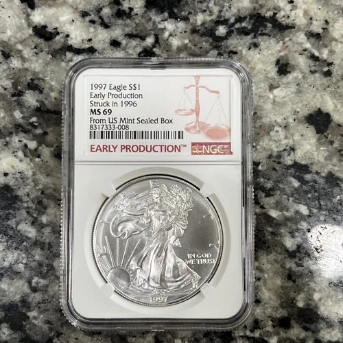 1997 MS 69 Silver Eagle EARLY PRODUCTION Struck In 1996 NGC lists Value at $1000