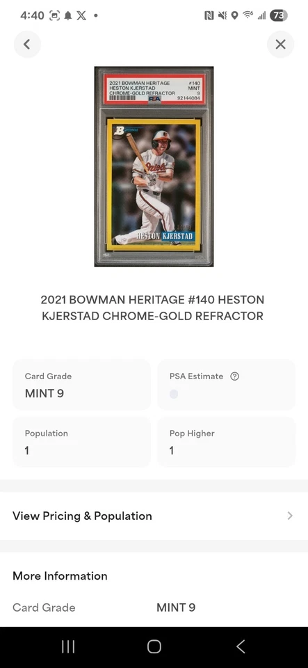 2021 Bowman Heritage Chrome Heston Kjerstad Gold Refractor /50 Card #140 PSA 10 - Image 4 of 4