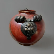 Rustic Hand Painted Pottery Jug Vase with Lion Face Handles & Fruit Design 
