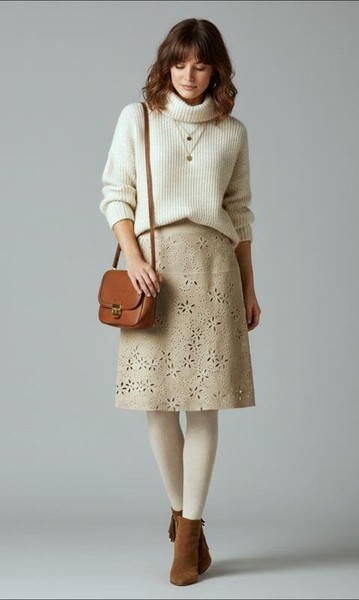 Women Lady Vintage Skirt Khaki Suede 36