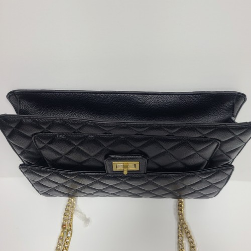 Women Quilted Black Faux Leather Handbag with Double Link Chain Straps - Picture 6 of 6