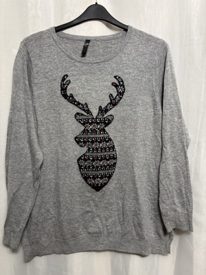 -692 Evans 18/20 Grey Knit Diamond Covered Stag/Reindeer Xmas Jumper 