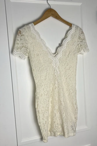 OFF WHITE Abito donna Kimchi blu S panna bianco sporco pizzo floreale mini smerlato foderato XS NUOVO CON ETICHETTE