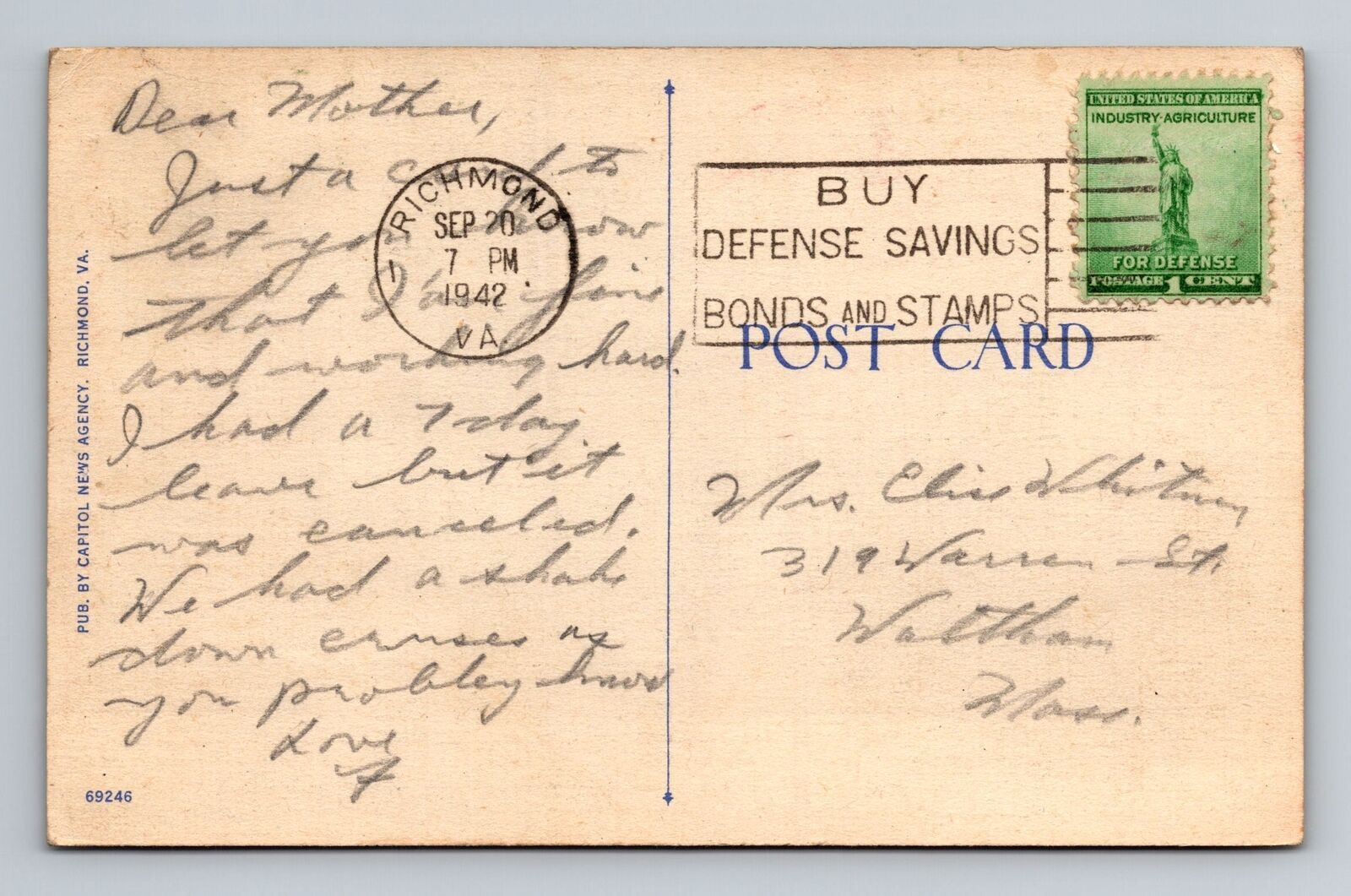 Richmond VA-Virginia, Post Office, Parcel Post Building, c1942 Vintage Postcard