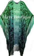 Green Wearable Art Kimono Caftan Fringe Jacket Burnout Velvet Hand Dyed Maya